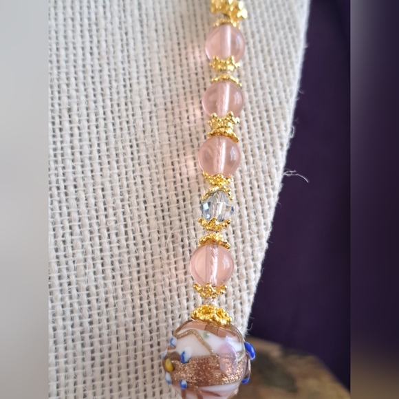 VTG Style Pink Rose & Wedding Cake ART GLASS BEADED NECKLACE 26" GF and Vermeil - Picture 9 of 11